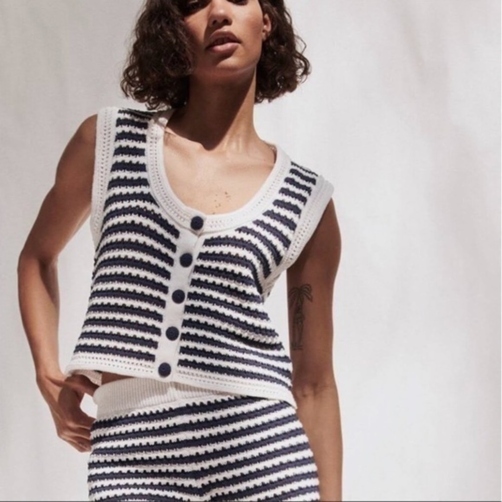 Zara Boho Striped Knit Crochet Coastal Grandma Nautical Cropped Cottagecore Vest - Picture 1 of 11